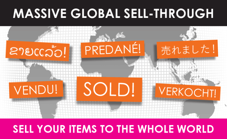 Massive Global Sell-Through, 'Sold!' written in six different languages, Sell Your Items To The Whole World